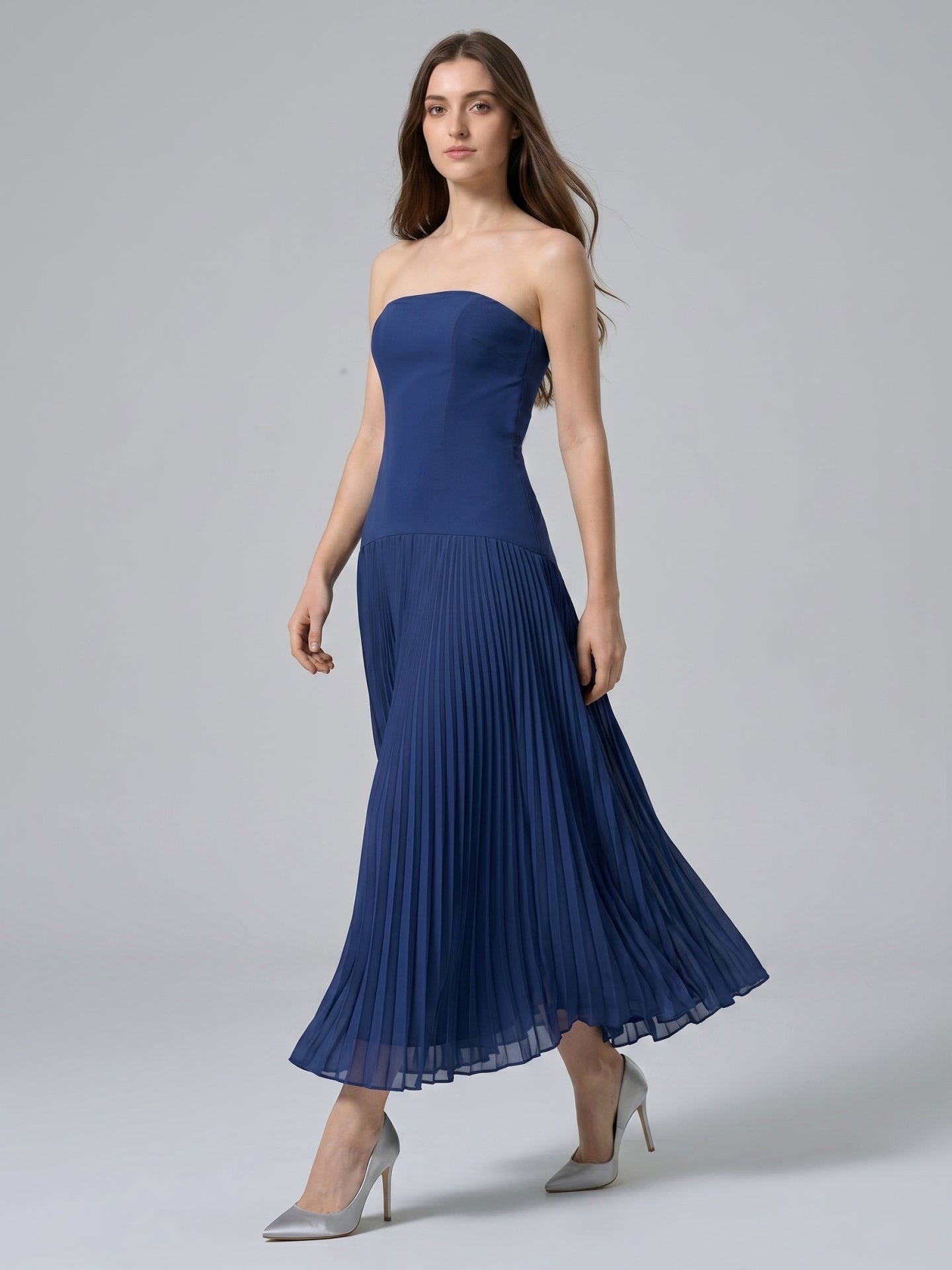 Navy Blue Stretch Knit A-Line Straight Neck Back Zip Ankle-Length Bridesmaid Dress