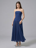 Navy Blue Stretch Knit A-Line Straight Neck Back Zip Ankle-Length Bridesmaid Dress