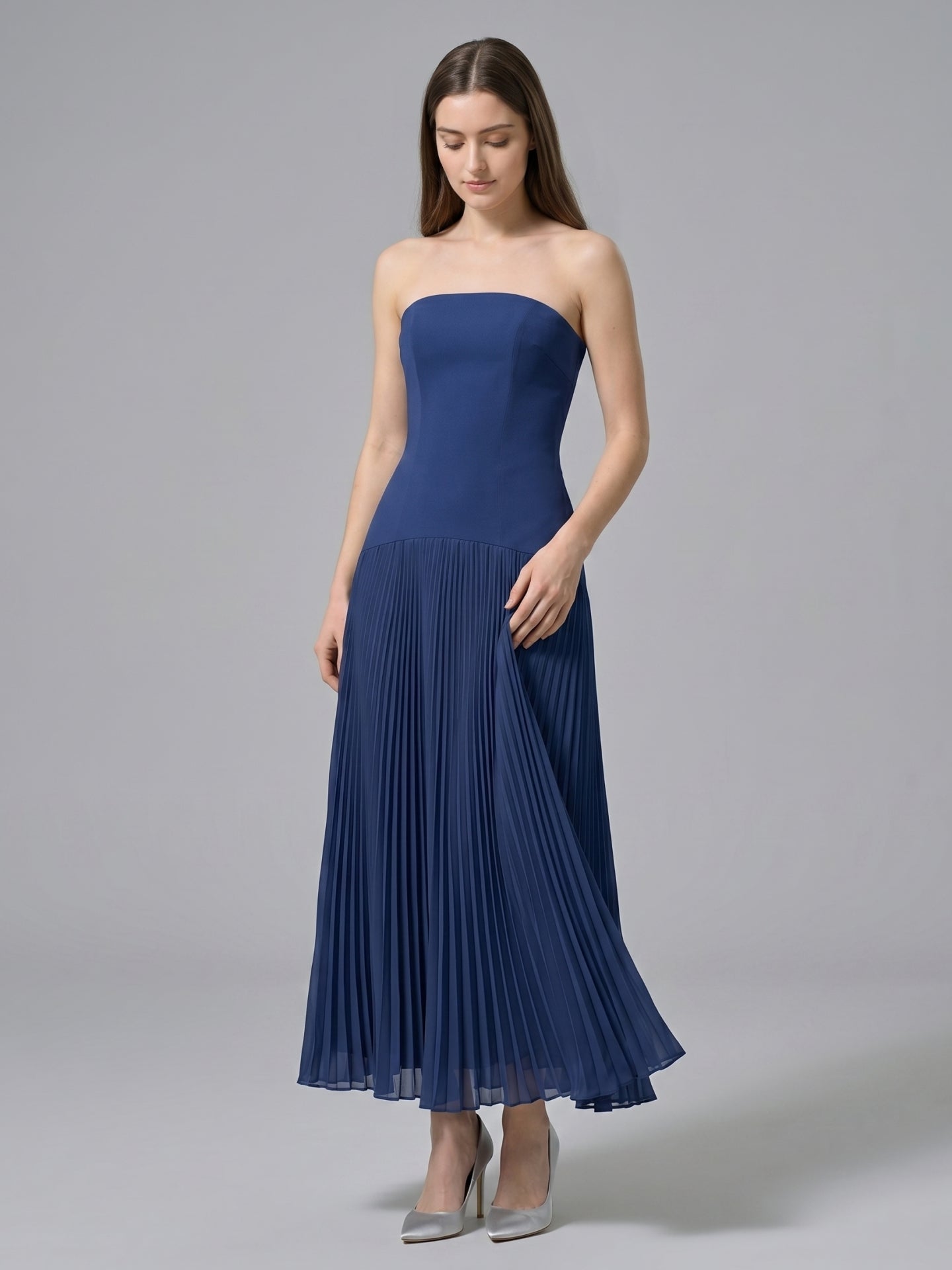 Navy Blue Stretch Knit A-Line Straight Neck Back Zip Ankle-Length Bridesmaid Dress