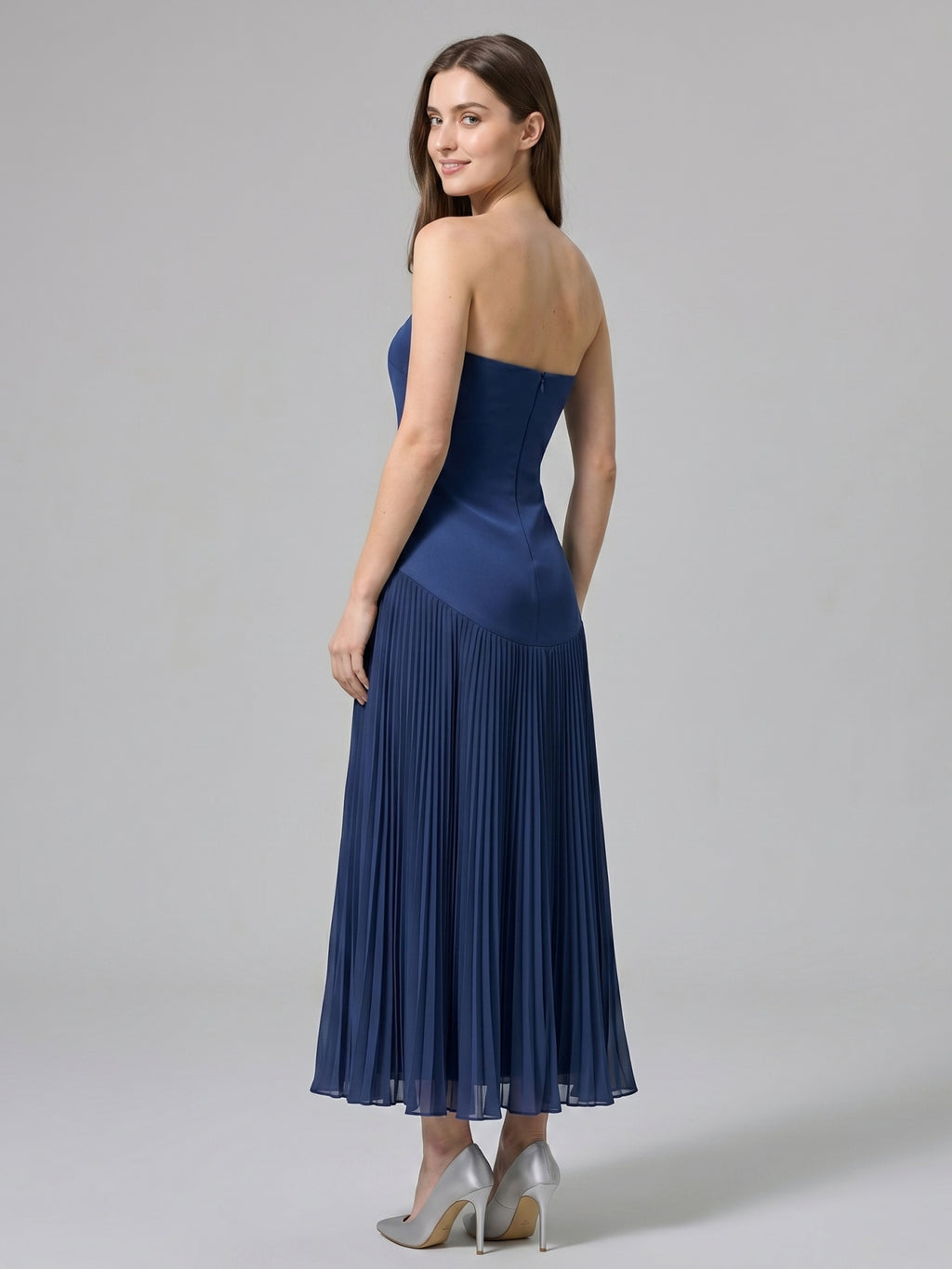 Navy Blue Stretch Knit A-Line Straight Neck Back Zip Ankle-Length Bridesmaid Dress