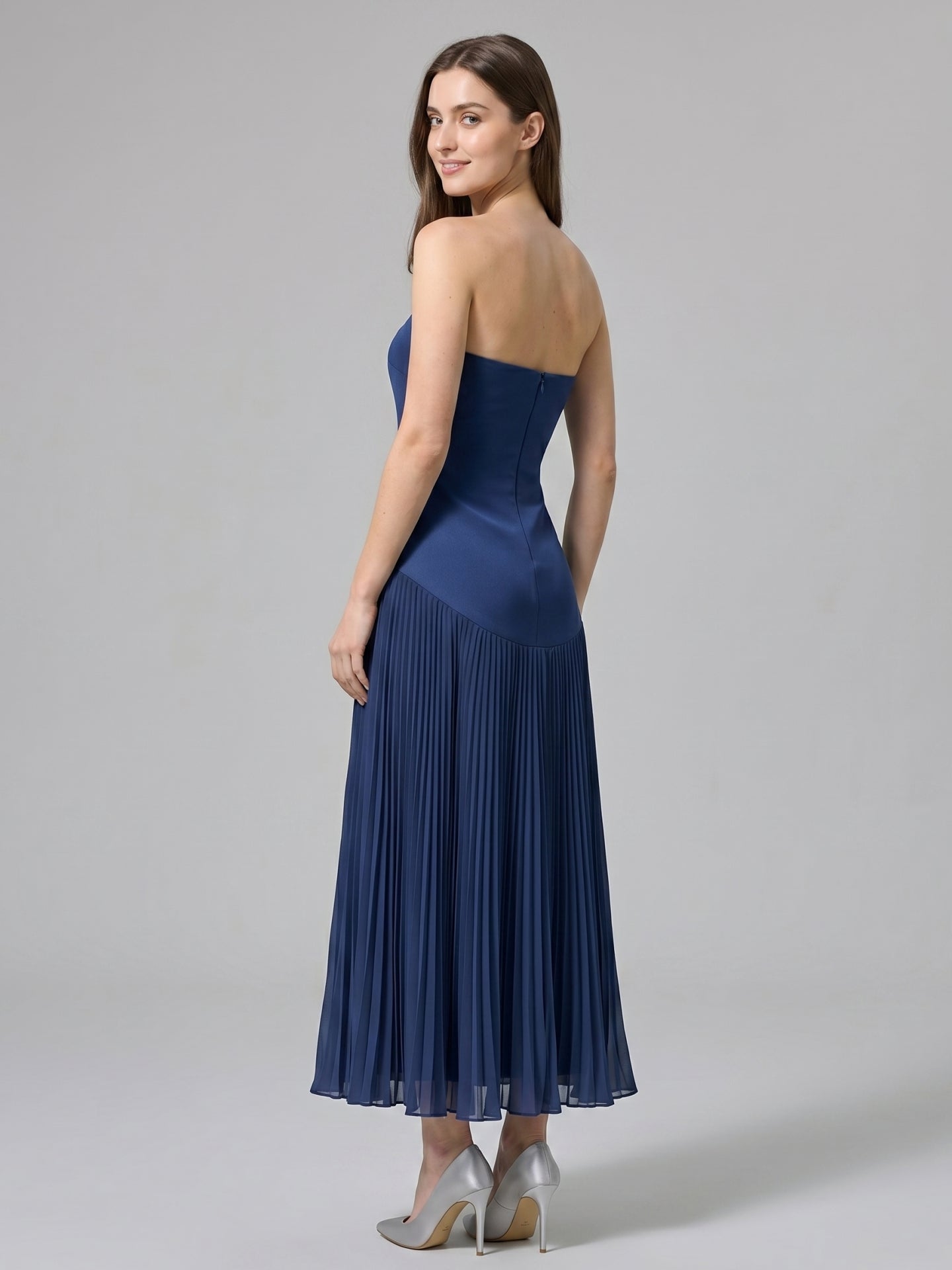 Navy Blue Stretch Knit A-Line Straight Neck Back Zip Ankle-Length Bridesmaid Dress