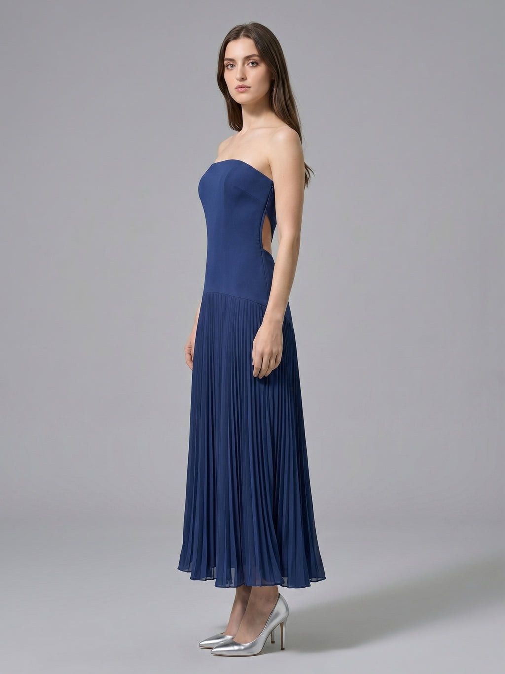 Navy Blue Stretch Knit A-Line Straight Neck Back Zip Ankle-Length Bridesmaid Dress