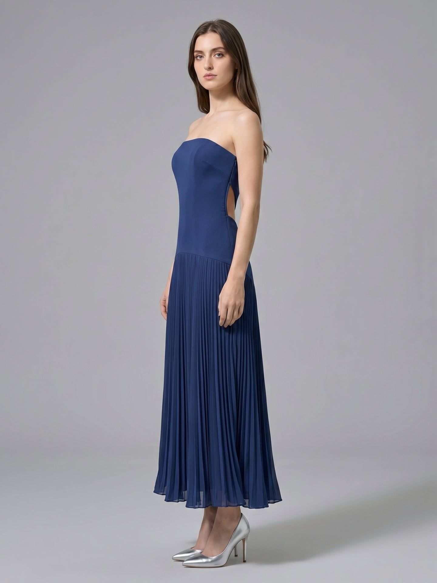 Navy Blue Stretch Knit A-Line Straight Neck Back Zip Ankle-Length Bridesmaid Dress