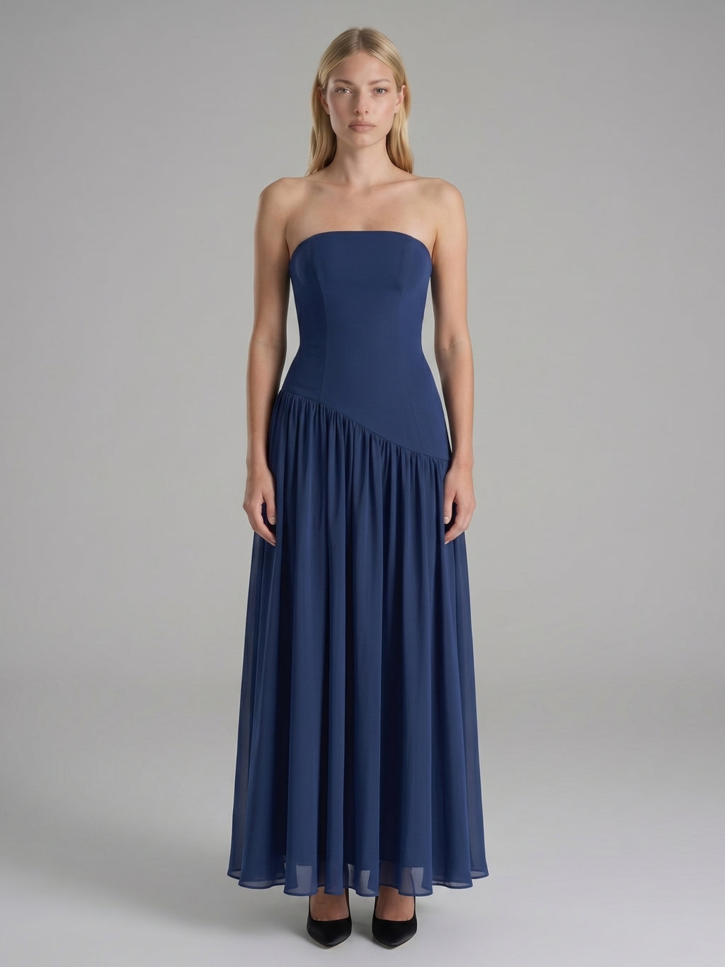 Navy Blue Stretch Knit A-Line Straight Neck Back Zip Floor-Length Bridesmaid Dress with Pleats