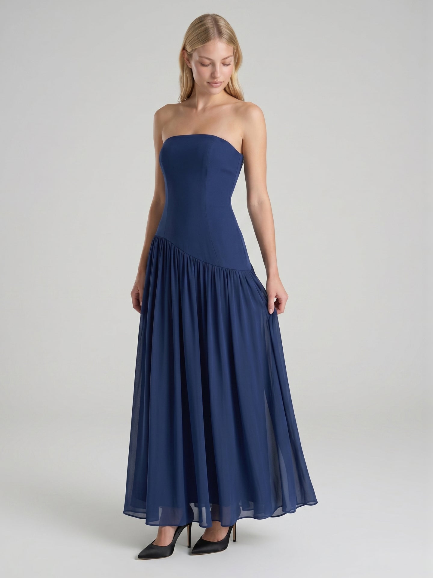 Navy Blue Stretch Knit A-Line Straight Neck Back Zip Floor-Length Bridesmaid Dress with Pleats
