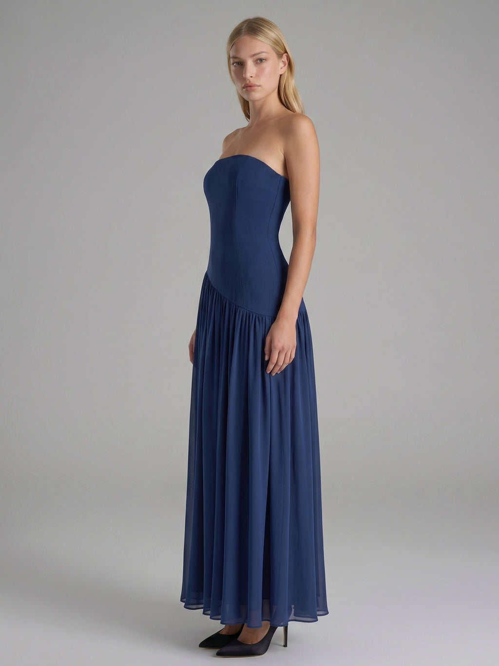 Navy Blue Stretch Knit A-Line Straight Neck Back Zip Floor-Length Bridesmaid Dress with Pleats