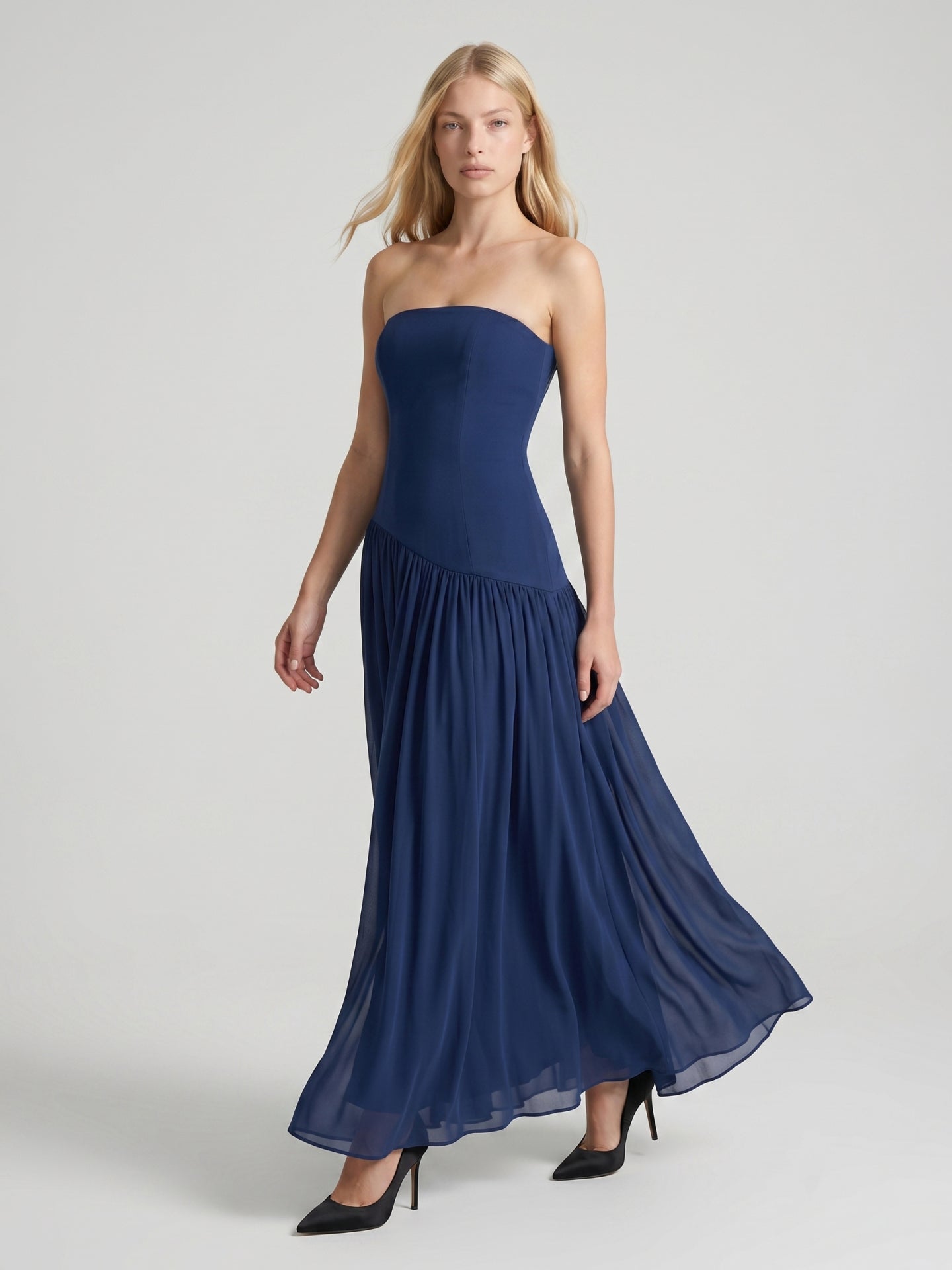 Navy Blue Stretch Knit A-Line Straight Neck Back Zip Floor-Length Bridesmaid Dress with Pleats