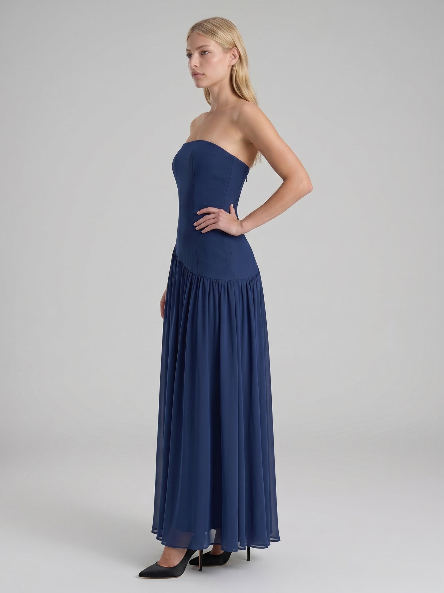 Navy Blue Stretch Knit A-Line Straight Neck Back Zip Floor-Length Bridesmaid Dress with Pleats