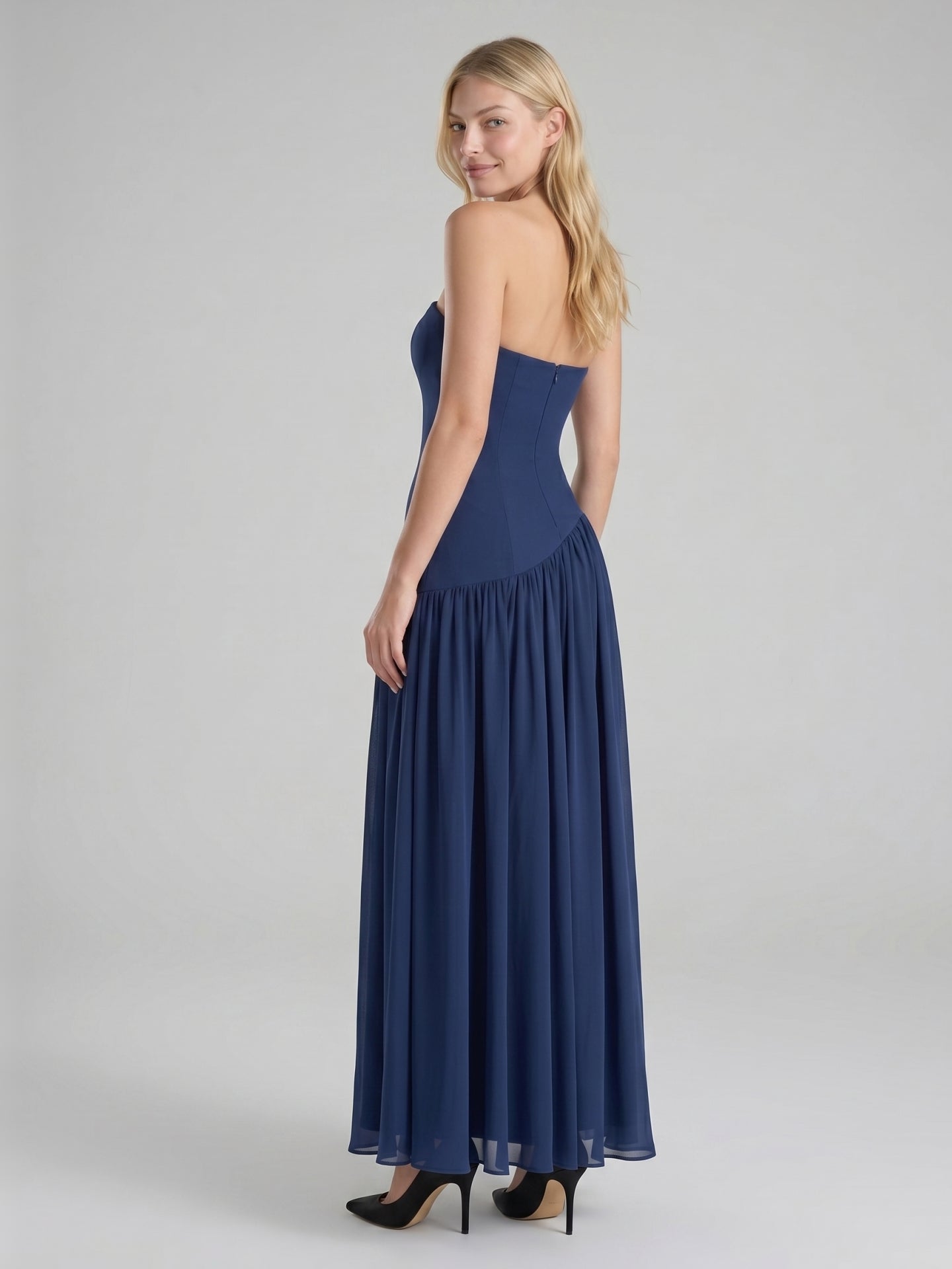 Navy Blue Stretch Knit A-Line Straight Neck Back Zip Floor-Length Bridesmaid Dress with Pleats