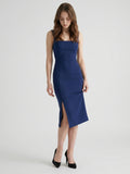 Navy Blue Stretch Knit Column Square Neck Side Zip Tea-Length Bridesmaid Dress
