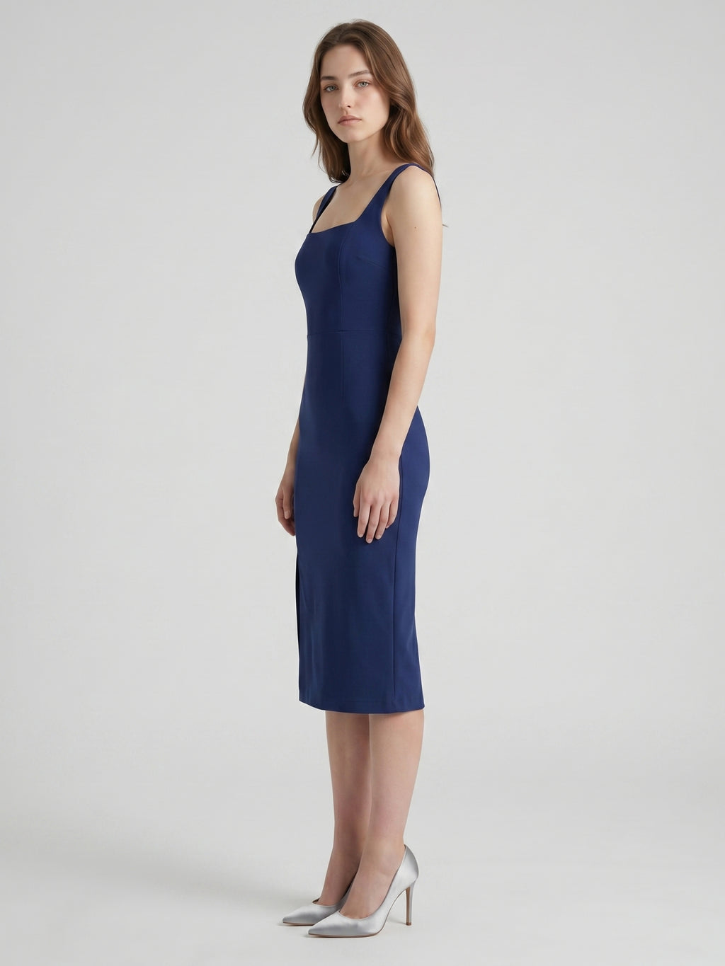 Navy Blue Stretch Knit Column Square Neck Side Zip Tea-Length Bridesmaid Dress