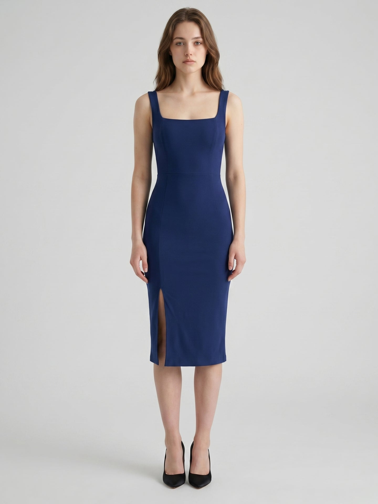 Navy Blue Stretch Knit Column Square Neck Side Zip Tea-Length Bridesmaid Dress