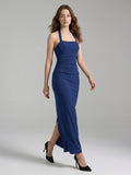 Navy Blue Stretch Knit Sheath Halter Neckline Back Zip Ankle-Length Bridesmaid Dress
