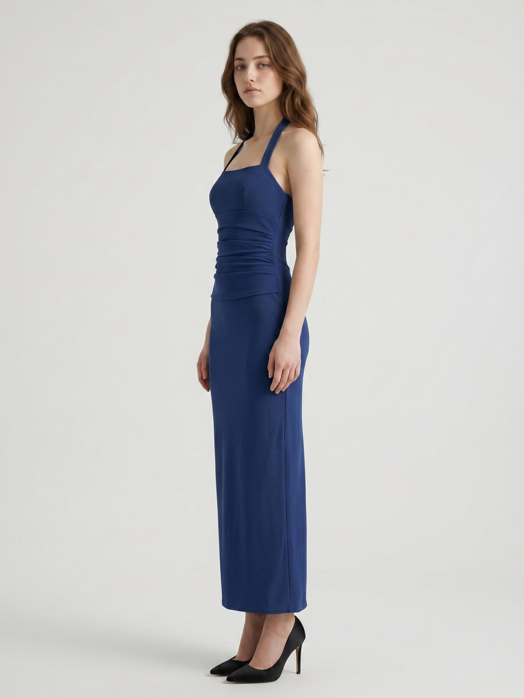 Navy Blue Stretch Knit Sheath Halter Neckline Back Zip Ankle-Length Bridesmaid Dress