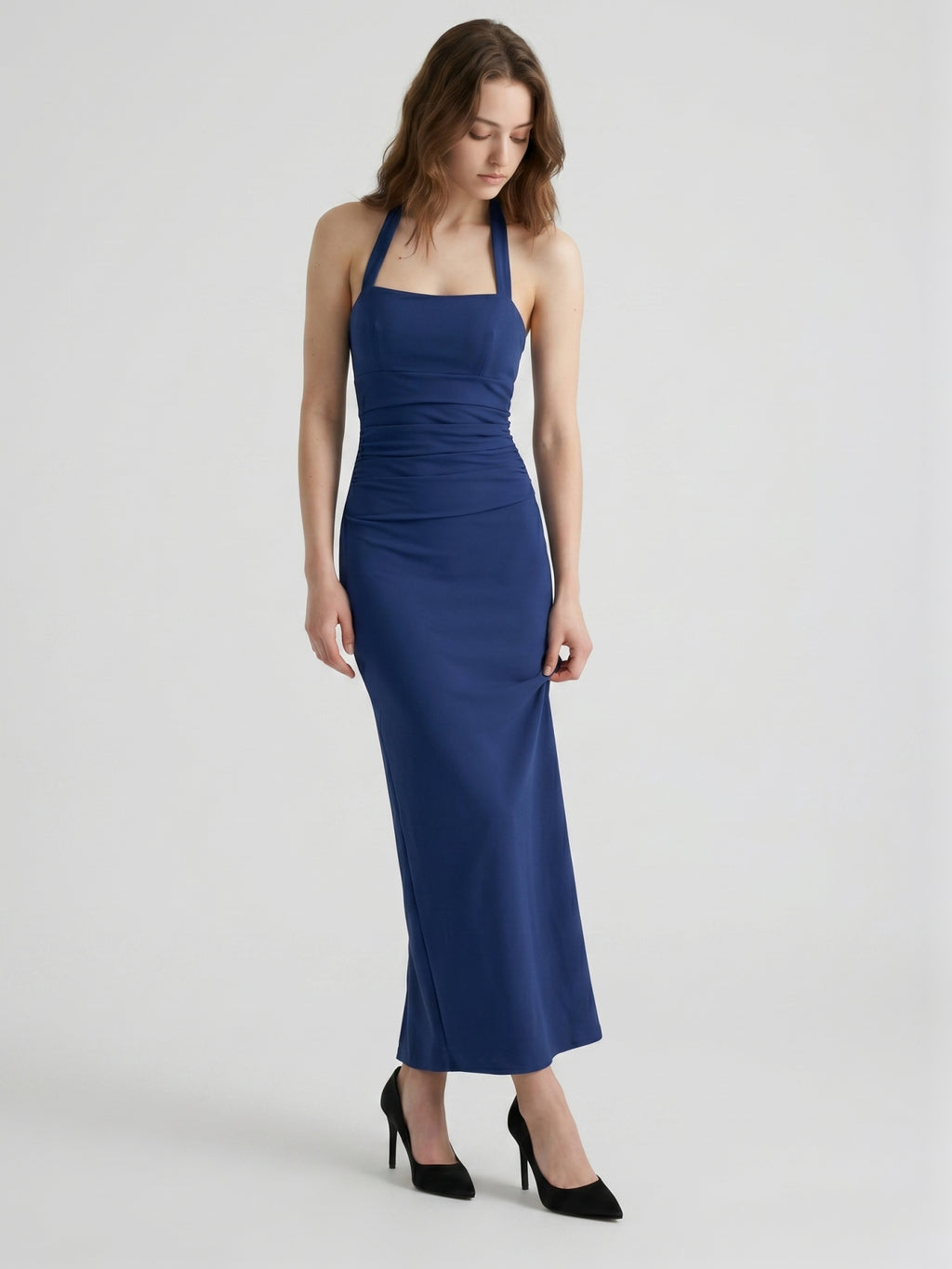 Navy Blue Stretch Knit Sheath Halter Neckline Back Zip Ankle-Length Bridesmaid Dress