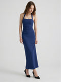 Navy Blue Stretch Knit Sheath Halter Neckline Back Zip Ankle-Length Bridesmaid Dress