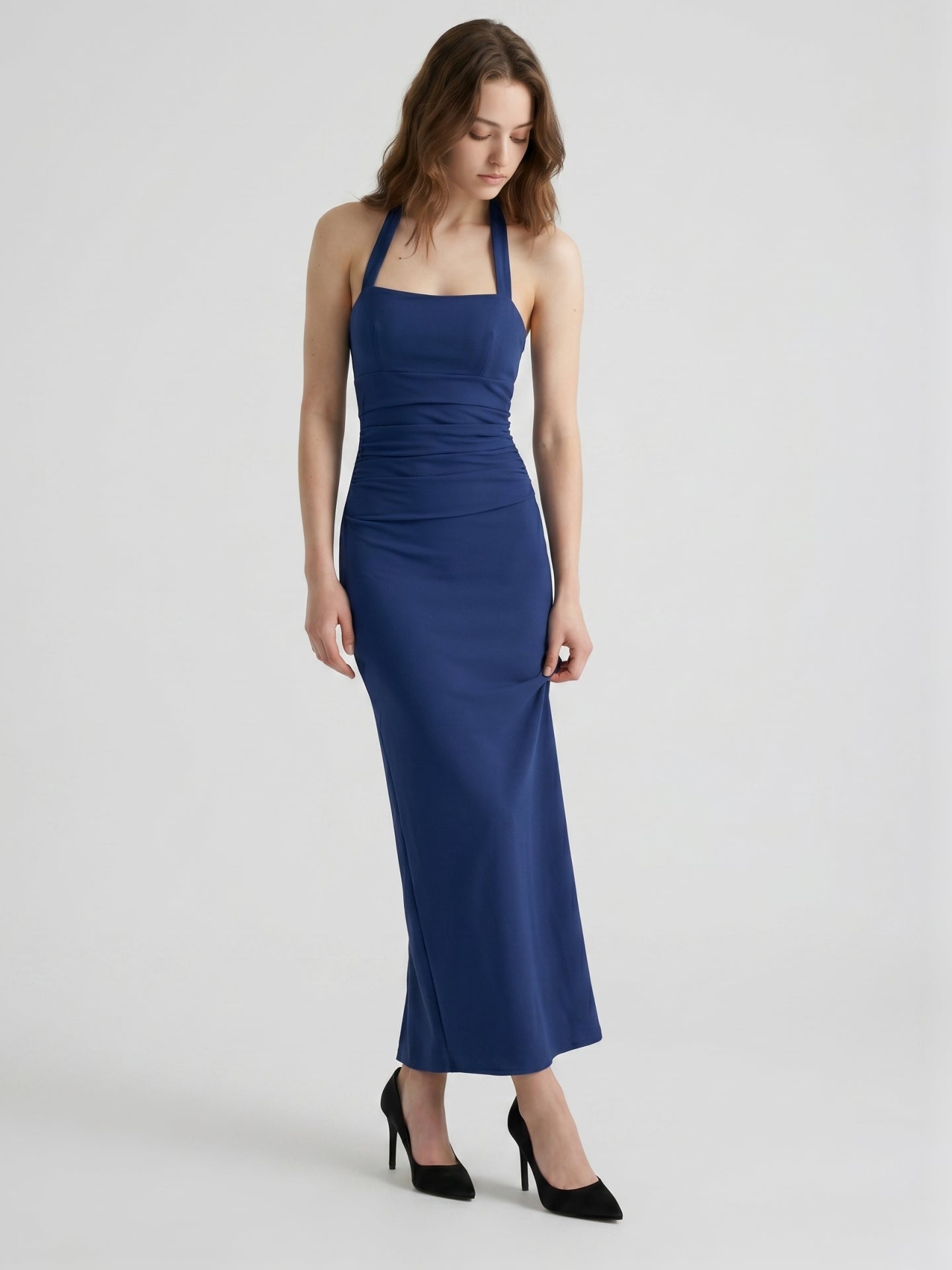 Navy Blue Stretch Knit Sheath Halter Neckline Back Zip Ankle-Length Bridesmaid Dress