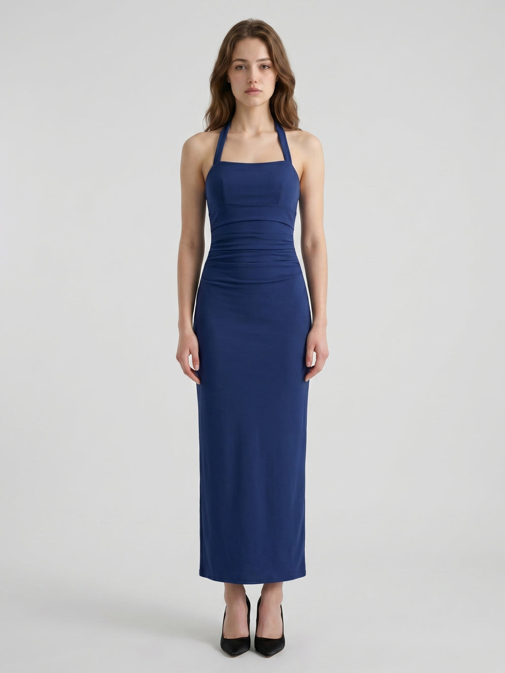 Navy Blue Stretch Knit Sheath Halter Neckline Back Zip Ankle-Length Bridesmaid Dress