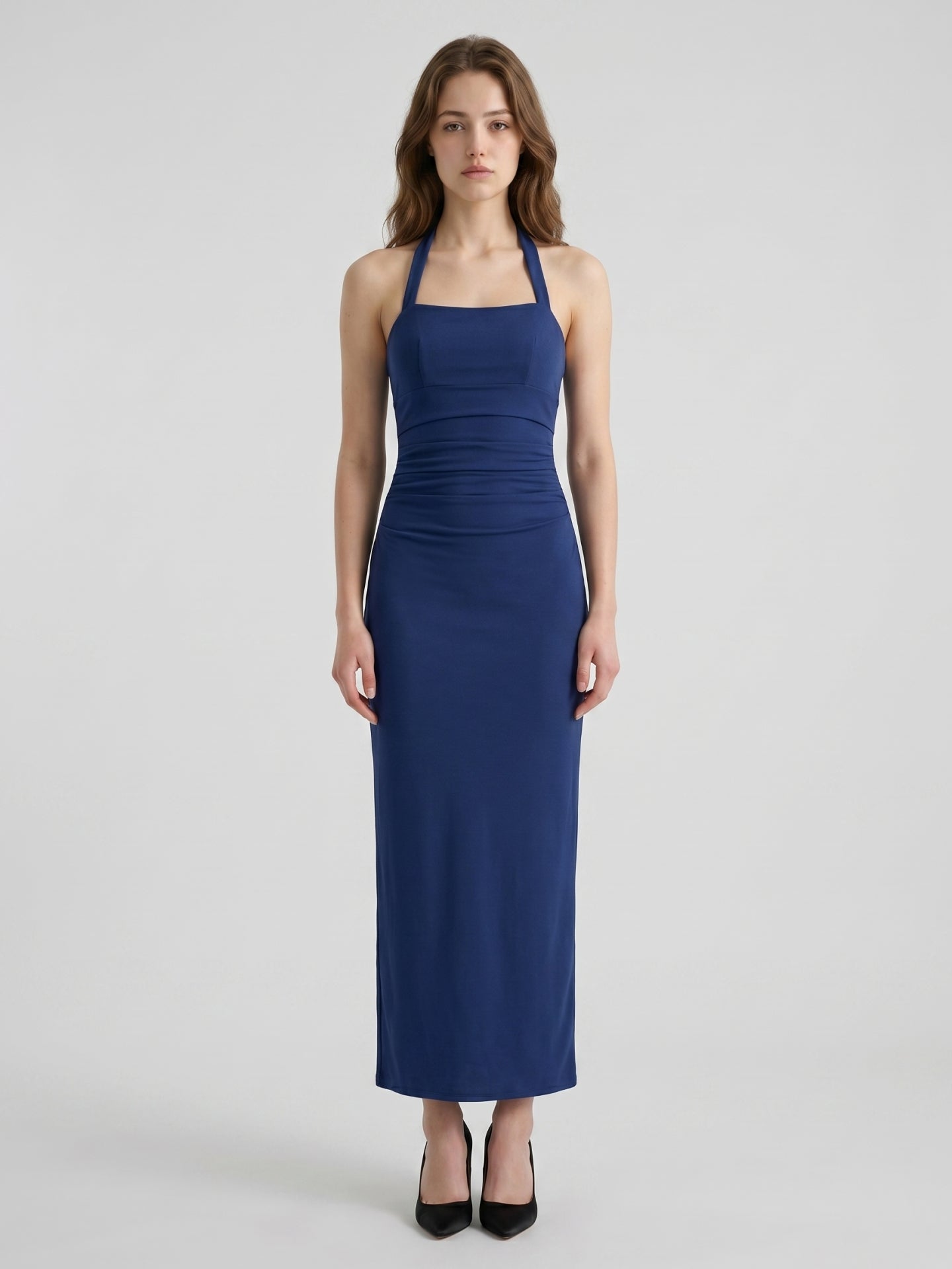Navy Blue Stretch Knit Sheath Halter Neckline Back Zip Ankle-Length Bridesmaid Dress