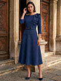 Navy Blue Stretch Knit A-Line Scoop Neck Back Zip Tea-Length Mother of the Bride Dress with Ruffle
