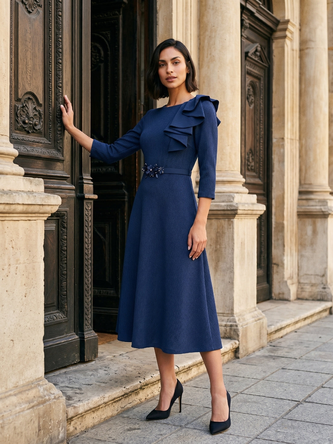 Navy Blue Stretch Knit A-Line Scoop Neck Back Zip Tea-Length Mother of the Bride Dress with Ruffle