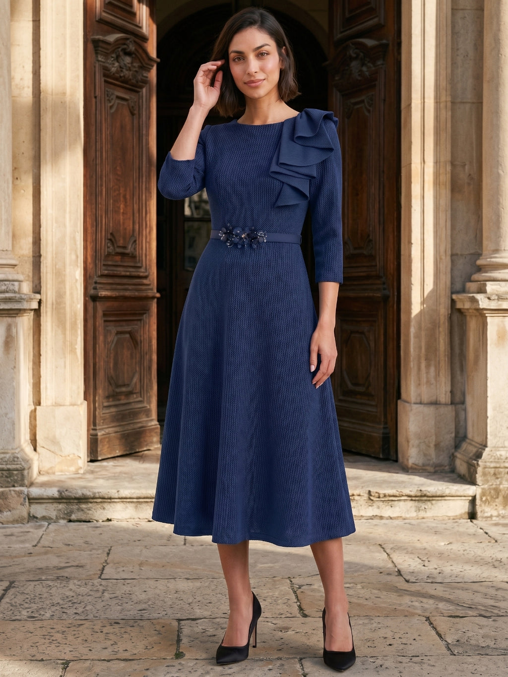 Navy Blue Stretch Knit A-Line Scoop Neck Back Zip Tea-Length Mother of the Bride Dress with Ruffle