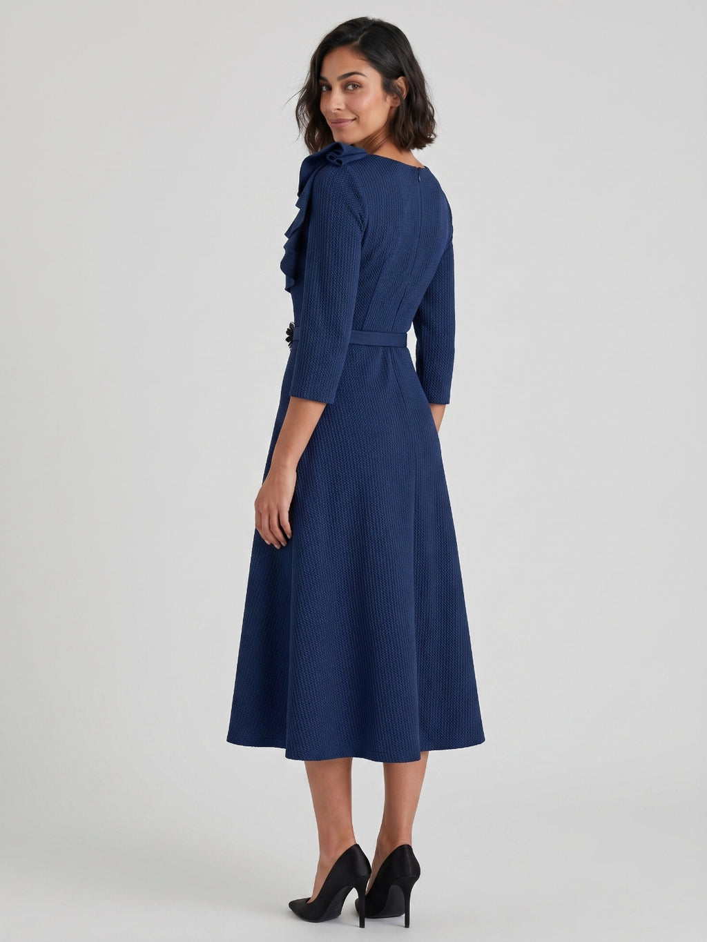 Navy Blue Stretch Knit A-Line Scoop Neck Back Zip Tea-Length Mother of the Bride Dress with Ruffle