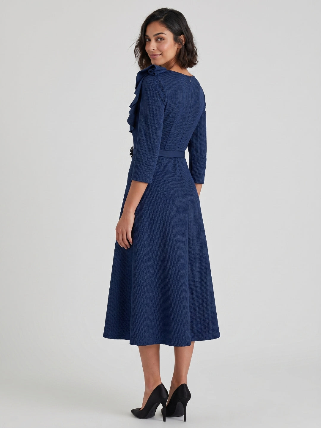 Navy Blue Stretch Knit A-Line Scoop Neck Back Zip Tea-Length Mother of the Bride Dress with Ruffle