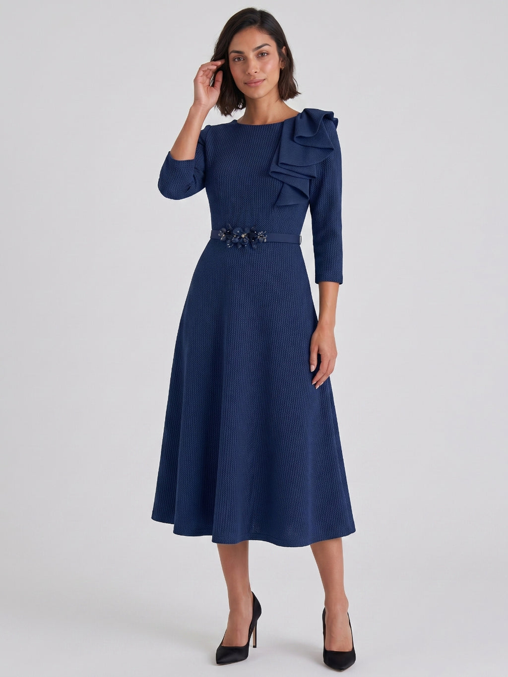 Navy Blue Stretch Knit A-Line Scoop Neck Back Zip Tea-Length Mother of the Bride Dress with Ruffle