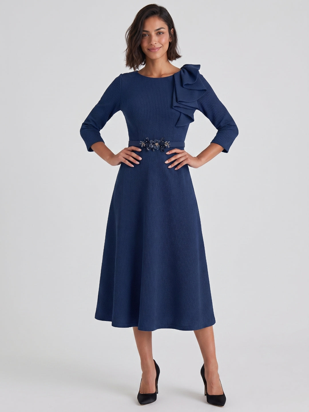 Navy Blue Stretch Knit A-Line Scoop Neck Back Zip Tea-Length Mother of the Bride Dress with Ruffle