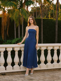 Navy Blue Stretch Knit A-Line Straight Neck Back Zip Ankle-Length Bridesmaid Dress