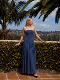 Navy Blue Stretch Knit A-Line Straight Neck Back Zip Floor-Length Bridesmaid Dress with Pleats