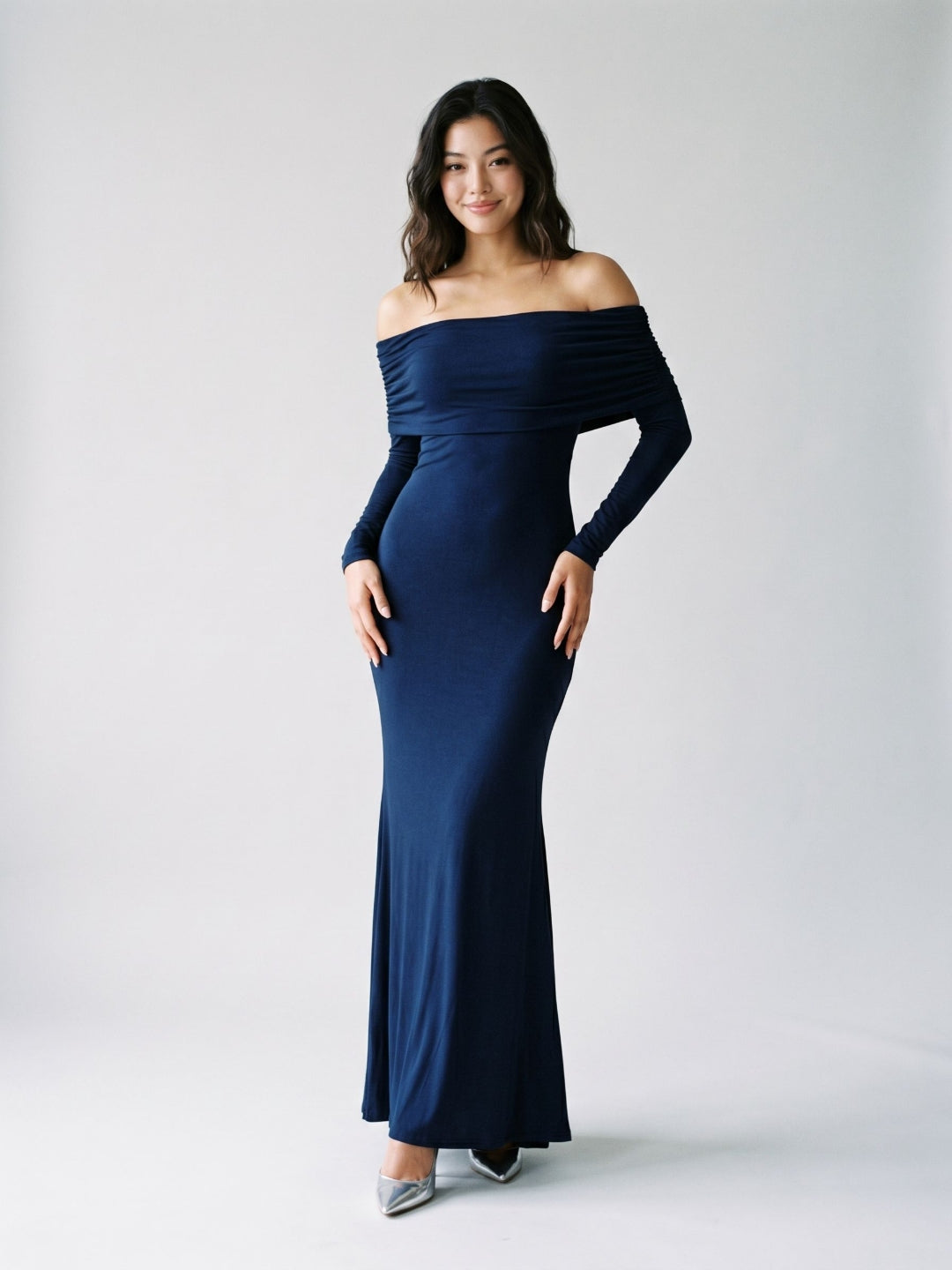 Navy Blue Stretch Knit Sheath Off-the-Shoulder Backless Formal Dress with Pleating