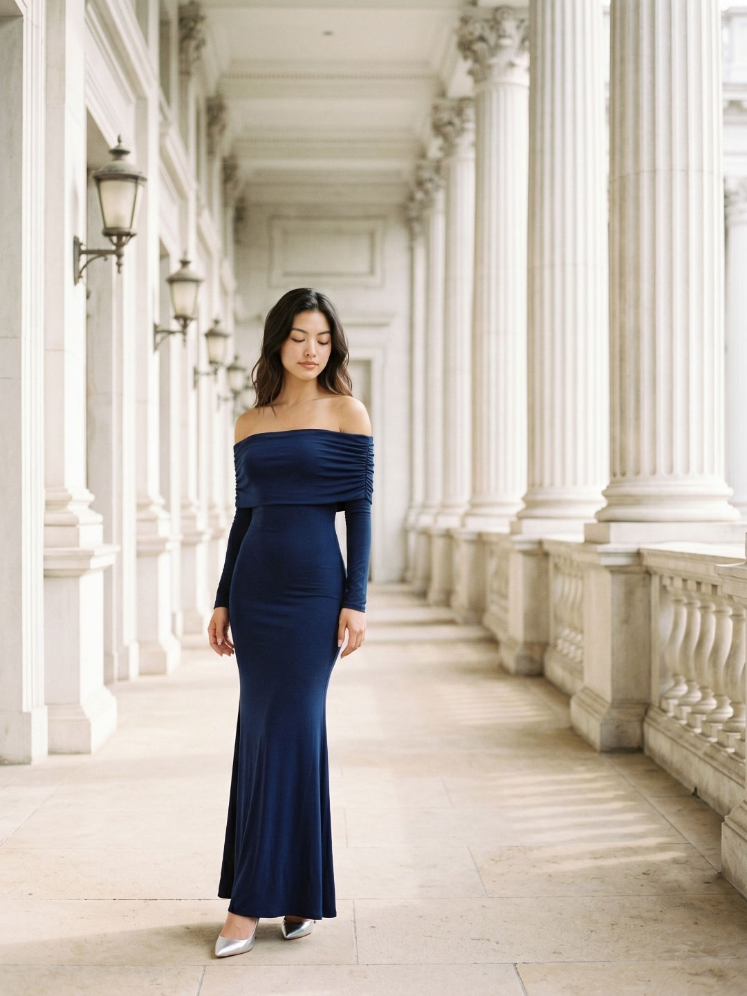 Navy Blue Stretch Knit Sheath Off-the-Shoulder Backless Formal Dress with Pleating