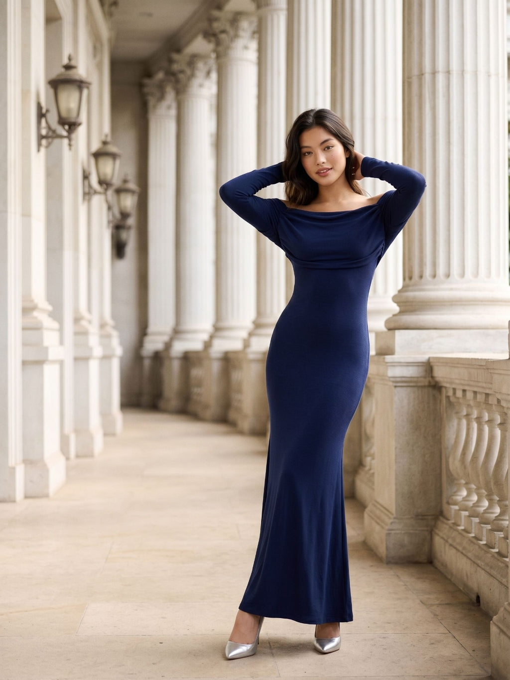 Navy Blue Stretch Knit Sheath Off-the-Shoulder Backless Formal Dress with Pleating