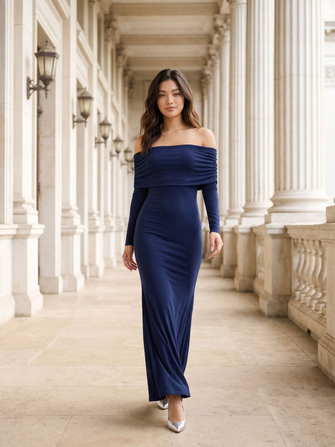 Navy Blue Stretch Knit Sheath Off-the-Shoulder Backless Formal Dress with Pleating