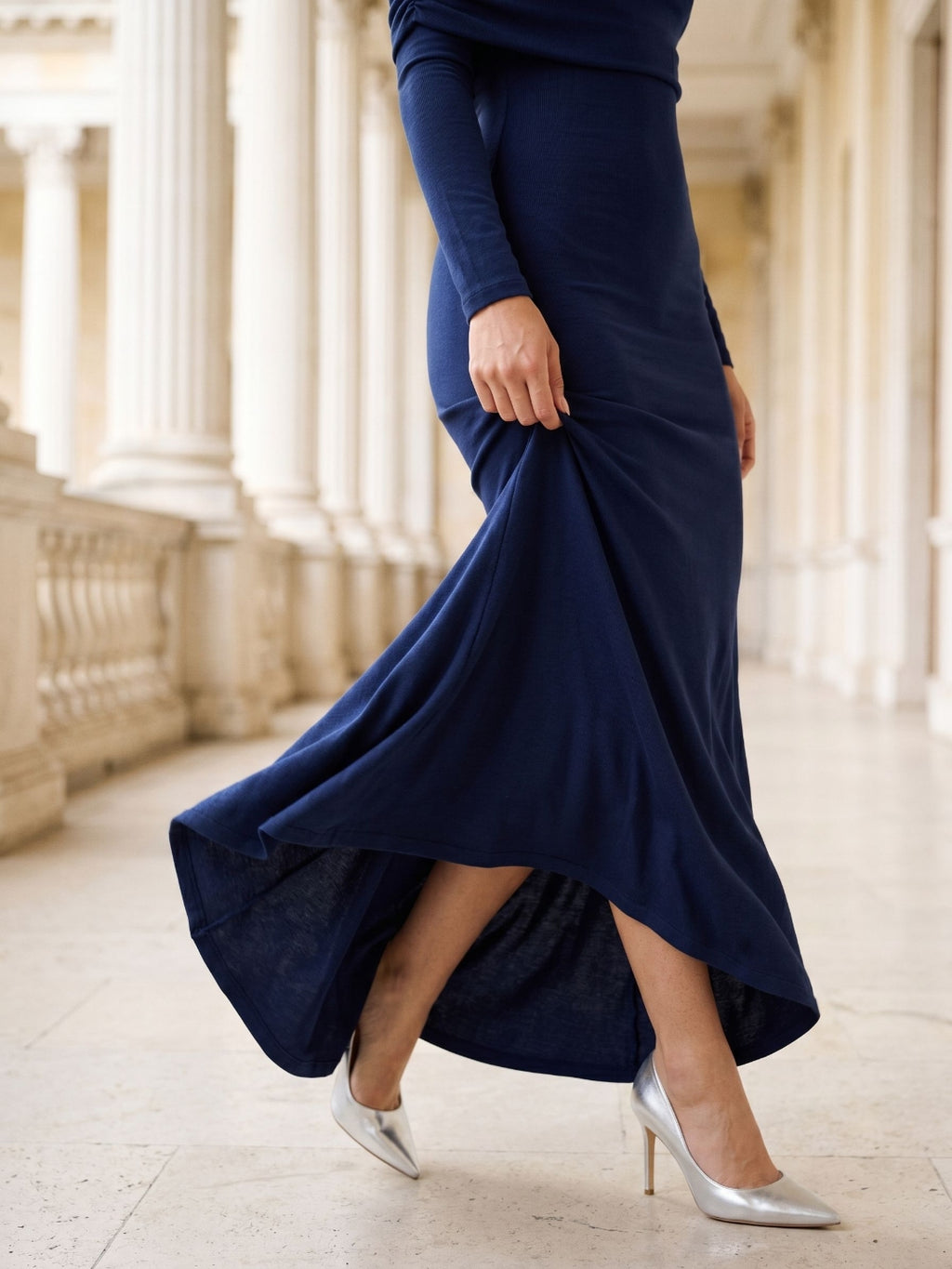 Navy Blue Stretch Knit Sheath Off-the-Shoulder Backless Formal Dress with Pleating