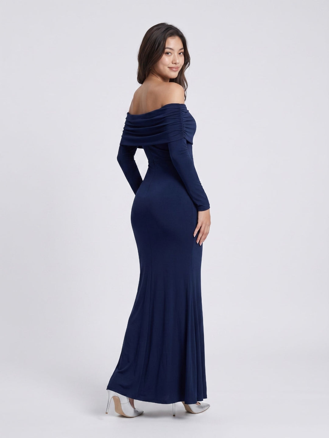 Navy Blue Stretch Knit Sheath Off-the-Shoulder Backless Formal Dress with Pleating