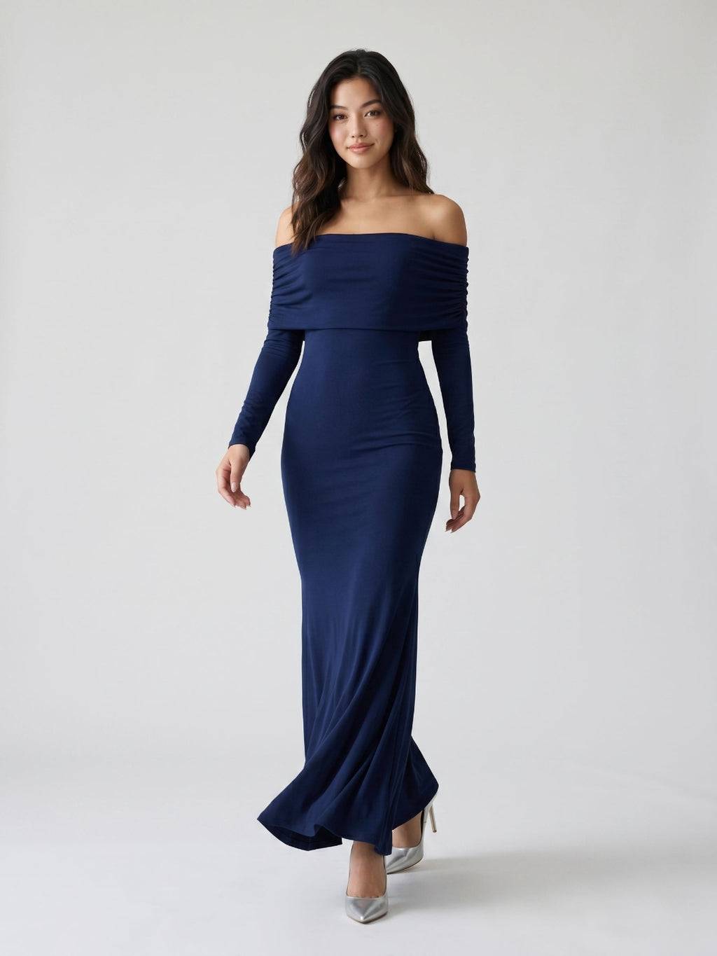 Navy Blue Stretch Knit Sheath Off-the-Shoulder Backless Formal Dress with Pleating