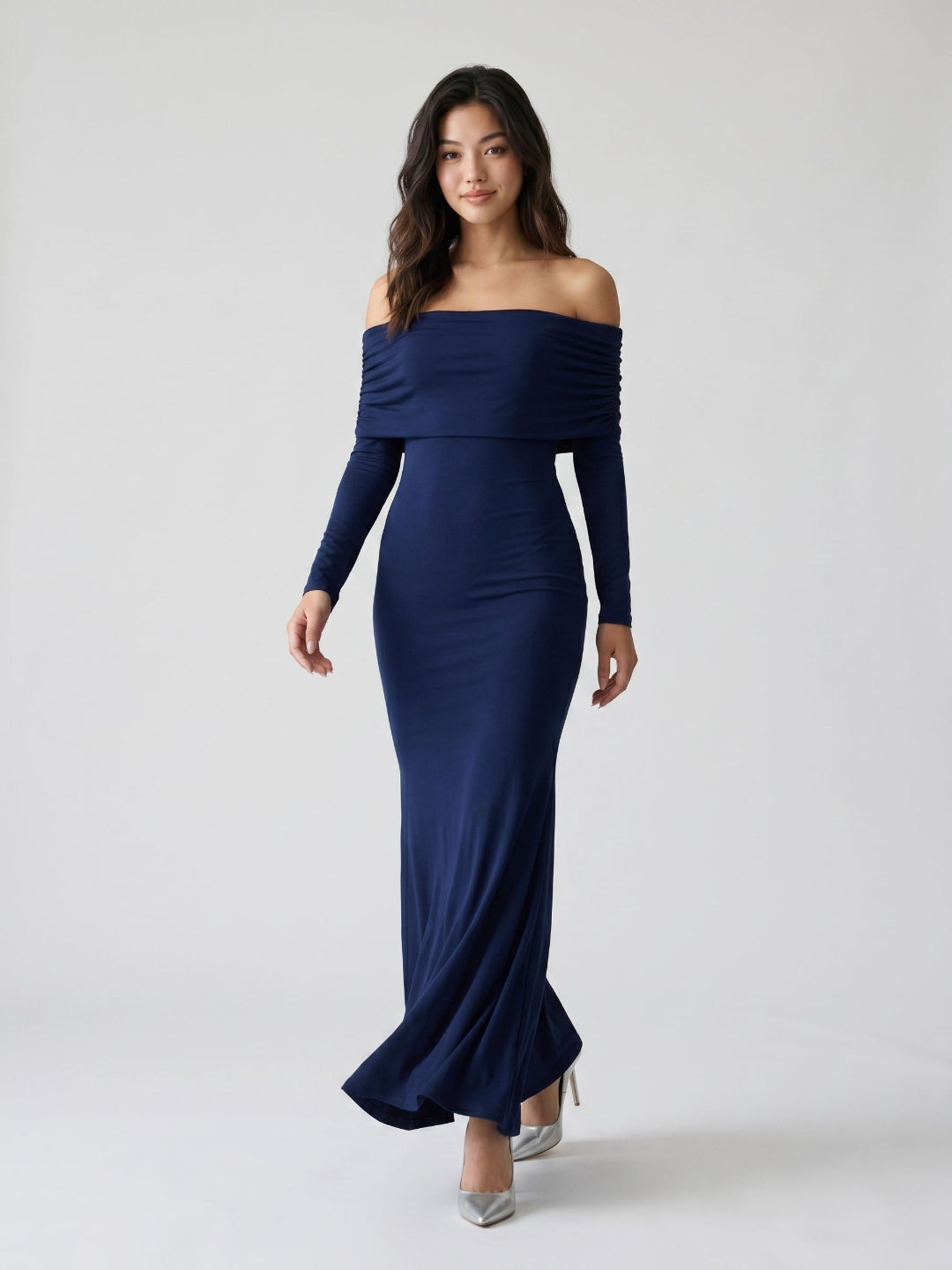 Navy Blue Stretch Knit Sheath Off-the-Shoulder Backless Formal Dress with Pleating
