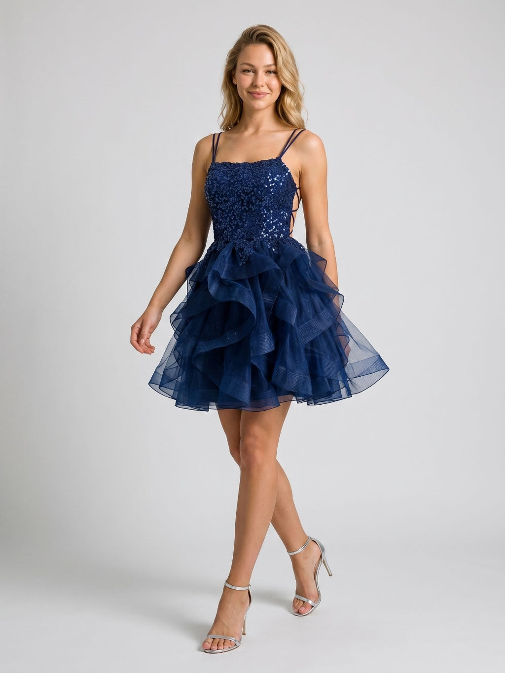 Navy Blue Tulle A-Line Square Neck Lace-Up Back Short Homecoming Dress with Sequins