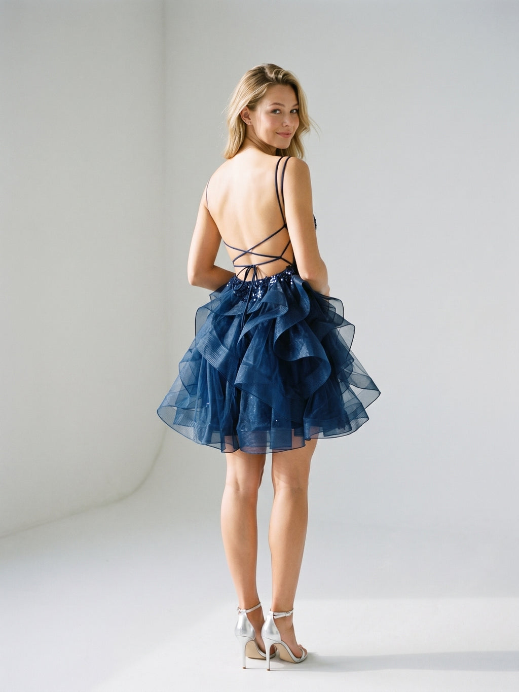 Navy Blue Tulle A-Line Square Neck Lace-Up Back Short Homecoming Dress with Sequins