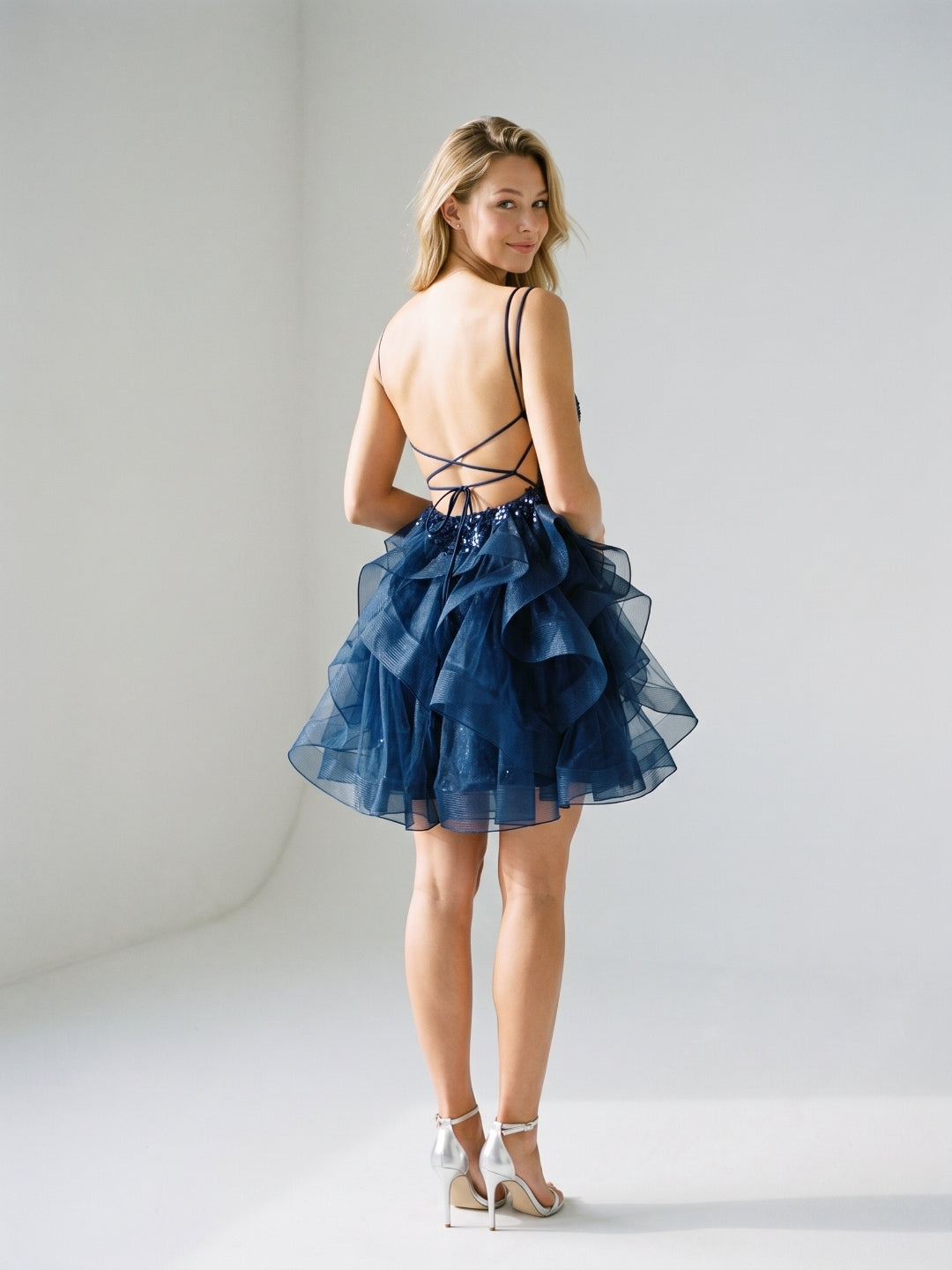 Navy Blue Tulle A-Line Square Neck Lace-Up Back Short Homecoming Dress with Sequins