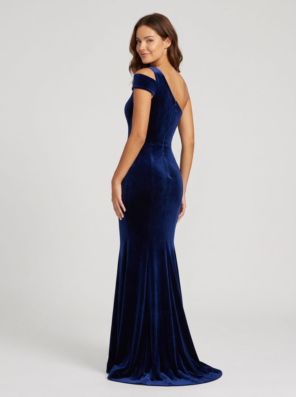 Navy Blue Velvet Mermaid One Shoulder Back Zip Floor-Length Dress