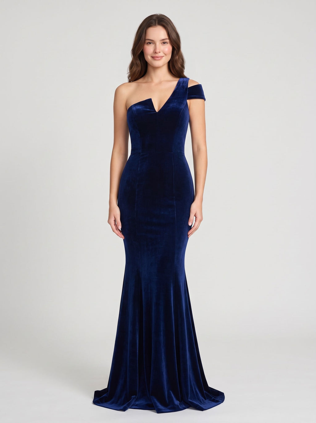 Navy Blue Velvet Mermaid One Shoulder Back Zip Floor-Length Dress