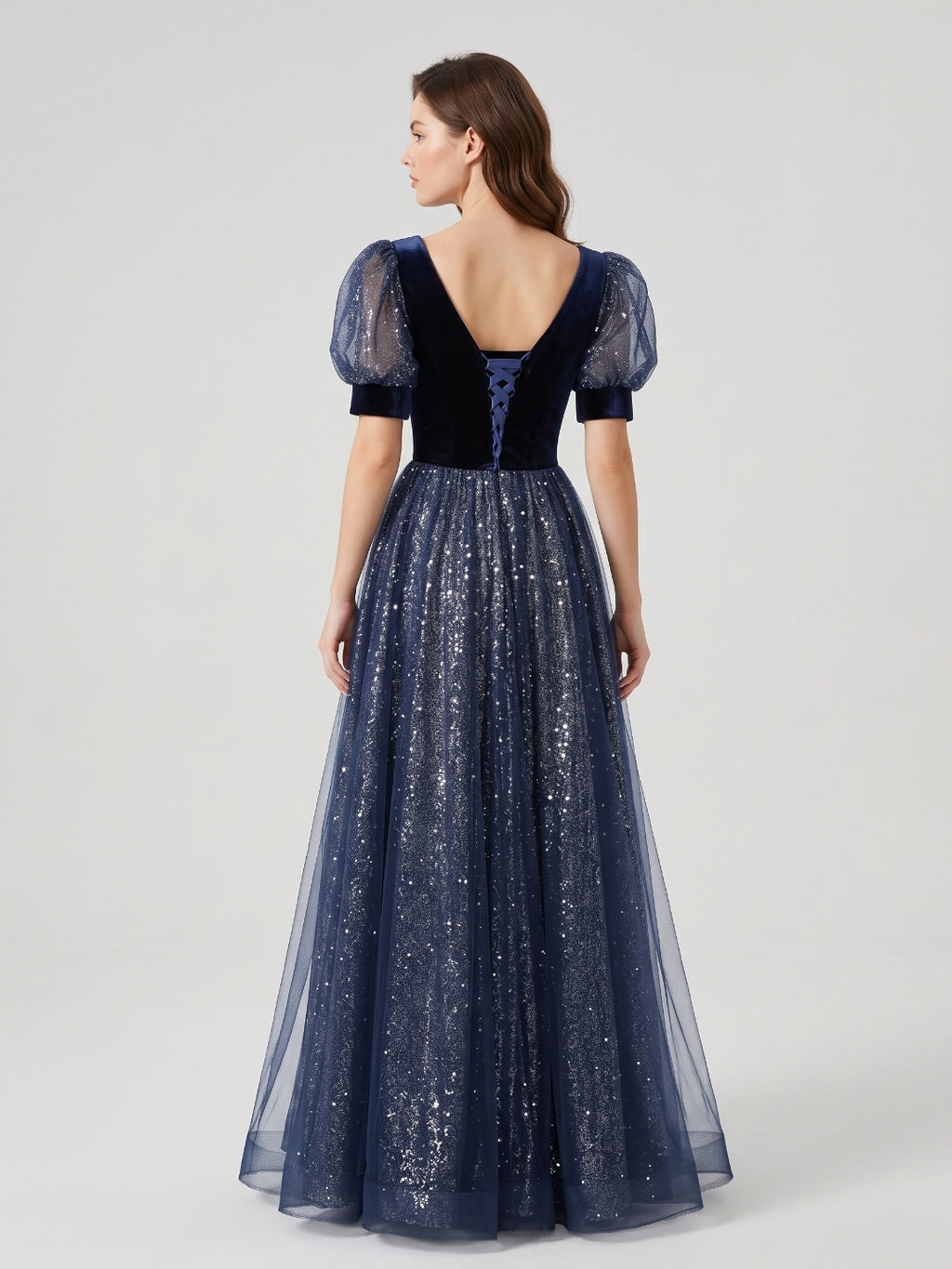 Navy Blue Velvet and Sequin Tulle A-Line Sweetheart Lace-up Floor-Length Dress