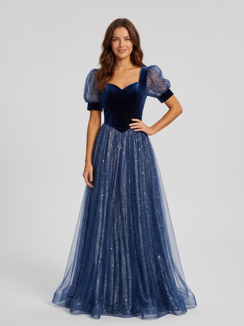 Navy Blue Velvet and Sequin Tulle A-Line Sweetheart Lace-up Floor-Length Dress