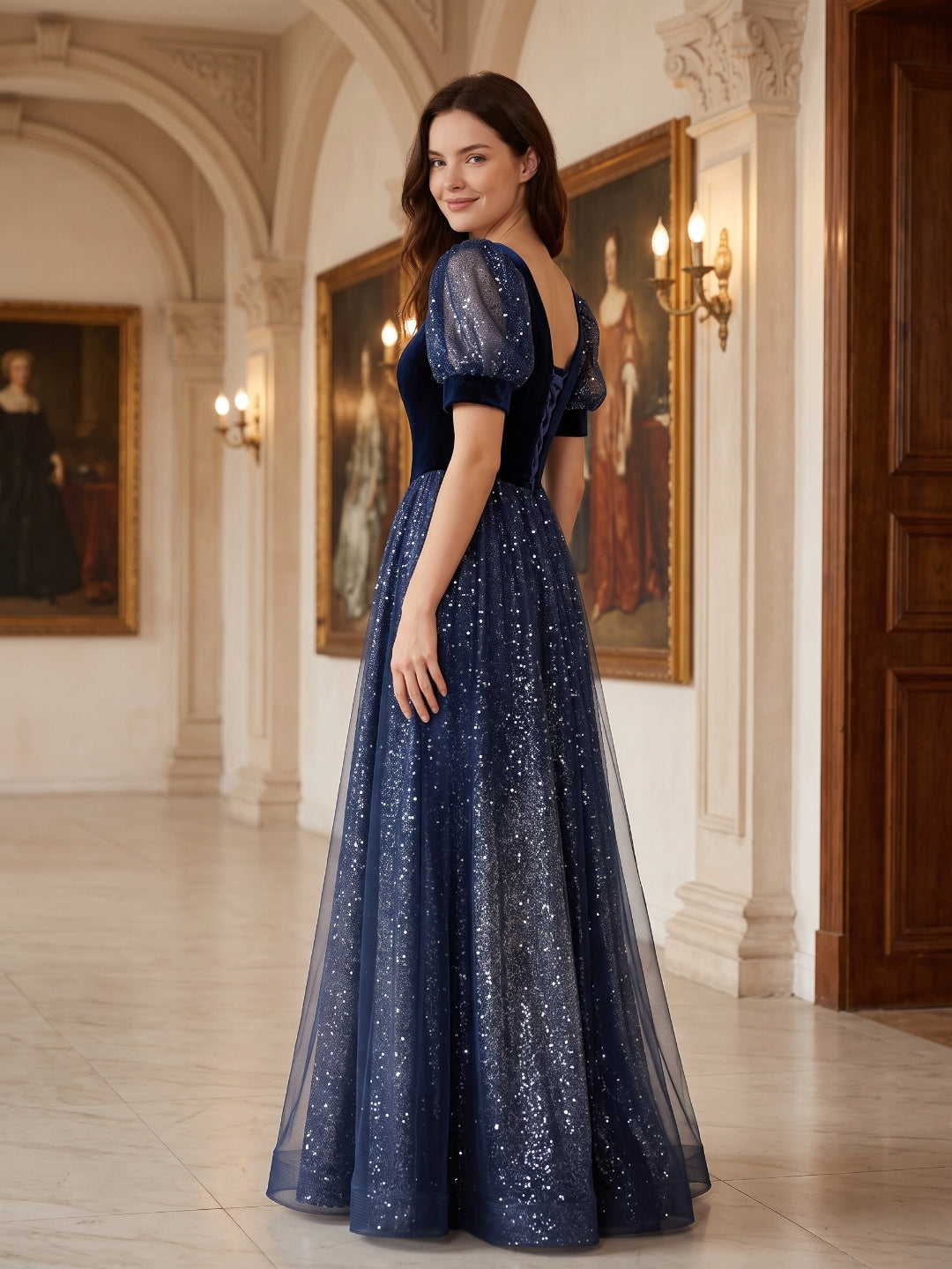 Navy Blue Velvet and Sequin Tulle A-Line Sweetheart Lace-up Floor-Length Dress