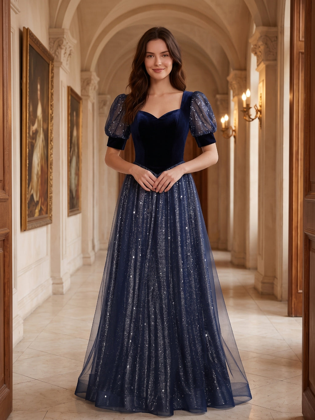 Navy Blue Velvet and Sequin Tulle A-Line Sweetheart Lace-up Floor-Length Dress