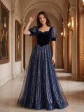 Navy Blue Velvet and Sequin Tulle A-Line Sweetheart Lace-up Floor-Length Dress